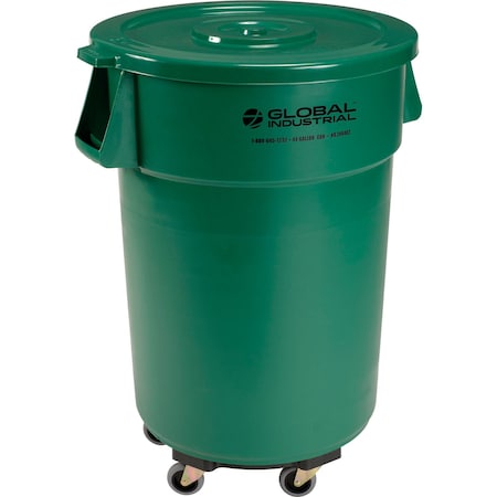 Global Industrial Plastic Trash Can with Lid & Dolly, 44 Gallon Green 240462GNB